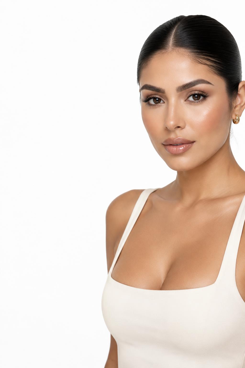 Modelo con cejas definidas y maquillaje glamuroso sobre fondo blanco